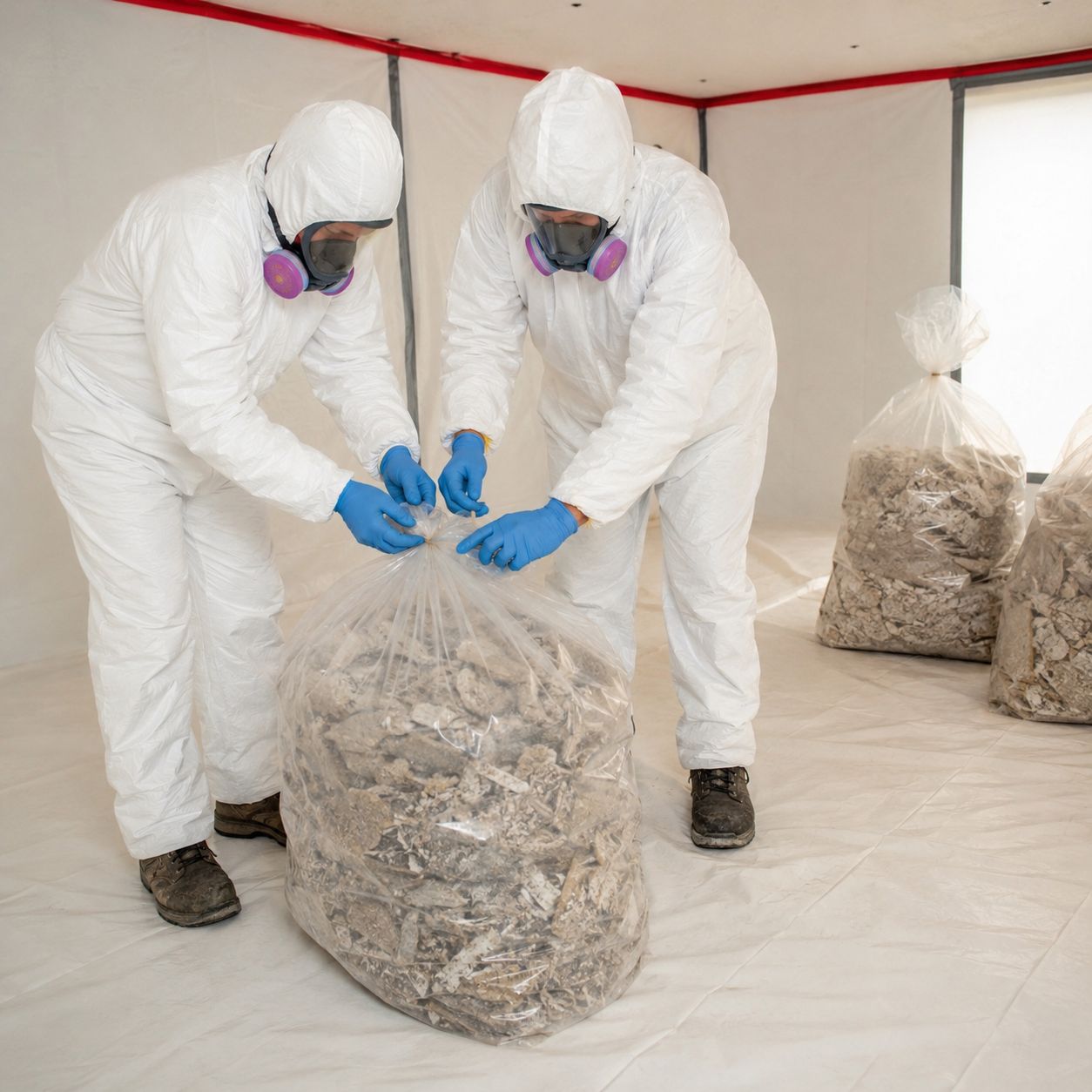 Certified asbestos abatement team removing asbestos insulation from commercial building
